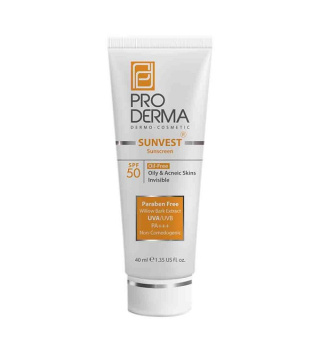 کرم ضد آفتاب بی رنگ پرودرما با SPF50 مناسب پوست چرب و جوش دار حجم 40 میلی لیتر